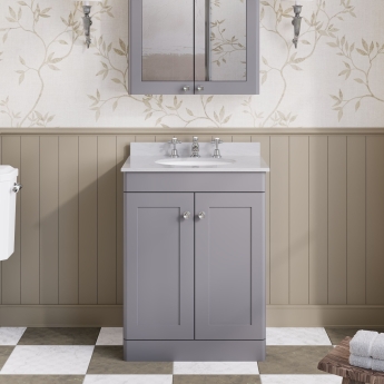 Nuie Classique Floor Standing 2-Door Vanity Unit with 3TH Grey Marble Top Basin 600mm Wide - Satin Grey | Product Image