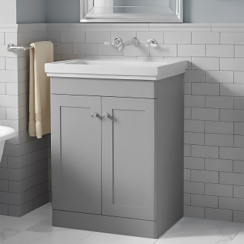 Nuie Classique Floor Standing 2-Door Vanity Unit with Classic Basin 600mm Wide Satin Grey - 0 Tap Hole