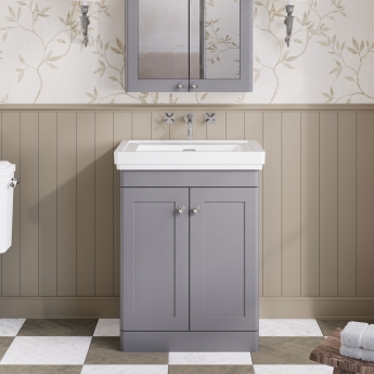 Nuie Classique Floor Standing 2-Door Vanity Unit with Classic Basin 600mm Wide Satin Grey - 0 Tap Hole | Product Image