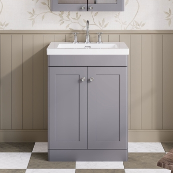 Nuie Classique Floor Standing 2-Door Vanity Unit with 3TH Contemporary Basin 600mm Wide - Satin Grey | Product Image