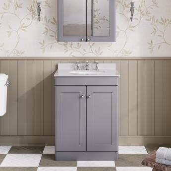 Nuie Classique Floor Standing 2-Door Vanity Unit with 3TH White Round Marble Top Basin 600mm Wide - Satin Grey | Product Image