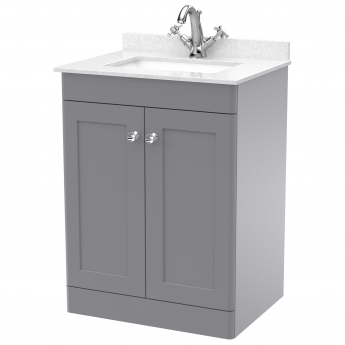 Nuie Classique Floor Standing 2-Door Vanity Unit with 1TH White Square Marble Top Basin 600mm Wide - Satin Grey