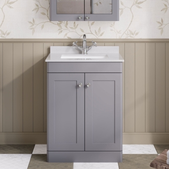 Nuie Classique Floor Standing 2-Door Vanity Unit with 1TH White Square Marble Top Basin 600mm Wide - Satin Grey | Product Image