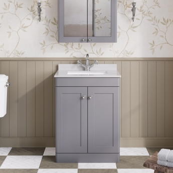 Nuie Classique Floor Standing 2-Door Vanity Unit with 1TH White Square Marble Top Basin 600mm Wide - Satin Grey | Product Image