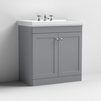 Nuie Classique Floor Standing 2-Door Vanity Unit with Basin 800mm Wide Satin Grey - 3 Tap Hole