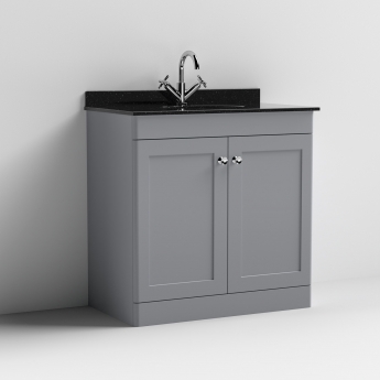 Nuie Classique Floor Standing 2-Door Vanity Unit with 1TH Black Marble Top Basin 800mm Wide - Satin Grey