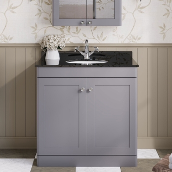 Nuie Classique Floor Standing 2-Door Vanity Unit with 1TH Black Marble Top Basin 800mm Wide - Satin Grey | Product Image