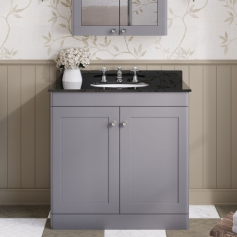Nuie Classique Floor Standing 2-Door Vanity Unit with 3TH Black Marble Top Basin 800mm Wide - Satin Grey | Product Image
