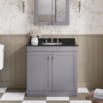 Nuie Classique Floor Standing 2-Door Vanity Unit with 3TH Black Marble Top Basin 800mm Wide - Satin Grey | Product Image