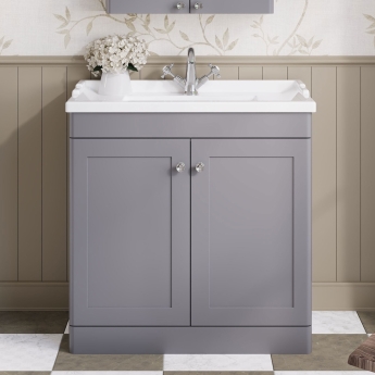Nuie Classique Floor Standing 2-Door Vanity Unit with Traditional Basin 800mm Wide Satin Grey - 1 Tap Hole | Product Image