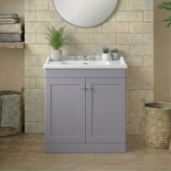 Nuie Classique Floor Standing 2-Door Vanity Unit with Traditional Basin 800mm Wide Satin Grey - 3 Tap Hole