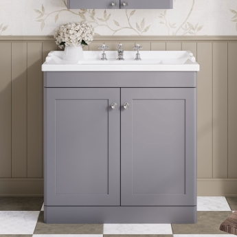 Nuie Classique Floor Standing 2-Door Vanity Unit with Traditional Basin 800mm Wide Satin Grey - 3 Tap Hole | Product Image