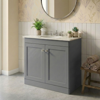 Nuie Classique Floor Standing 2-Door Vanity Unit with 3TH Grey Marble Top Basin 800mm Wide - Satin Grey