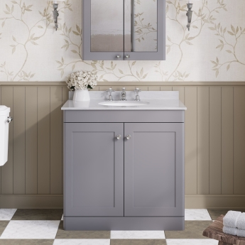 Nuie Classique Floor Standing 2-Door Vanity Unit with 3TH Grey Marble Top Basin 800mm Wide - Satin Grey | Product Image
