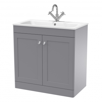Nuie Classique Floor Standing 2-Door Vanity Unit with 1TH Stone Basin 800mm Wide - Satin Grey | Product Image