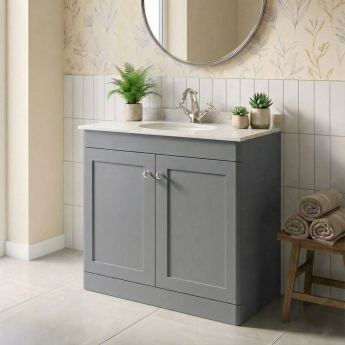 Nuie Classique Floor Standing 2-Door Vanity Unit with 1TH White Round Marble Top Basin 800mm Wide - Satin Grey