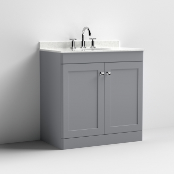 Nuie Classique Floor Standing 2-Door Vanity Unit with 3TH White Round Marble Top Basin 800mm Wide - Satin Grey