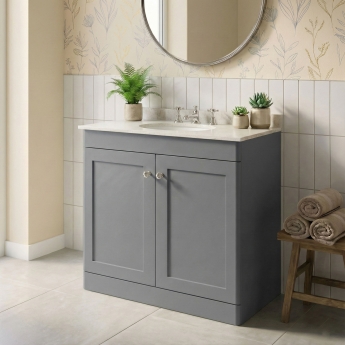 Nuie Classique Floor Standing 2-Door Vanity Unit with 3TH White Round Marble Top Basin 800mm Wide - Satin Grey
