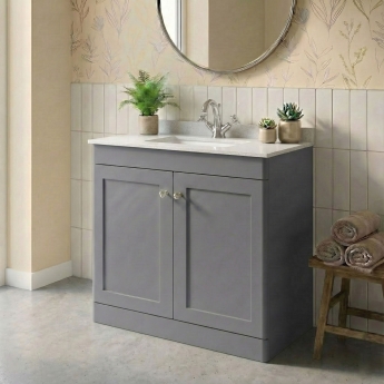 Nuie Classique Floor Standing 2-Door Vanity Unit with 1TH White Square Marble Top Basin 800mm Wide - Satin Grey