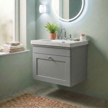 Nuie Classique Wall Hung 1-Drawer Vanity Unit with Basin 500mm Wide Satin Grey - 3 Tap Hole
