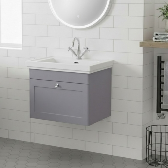 Nuie Classique Wall Hung 1-Drawer Vanity Unit with Basin 600mm Wide Satin Grey - 1 Tap Hole