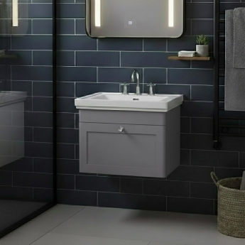 Nuie Classique Wall Hung 1-Drawer Vanity Unit with Basin 600mm Wide Satin Grey - 3 Tap Hole