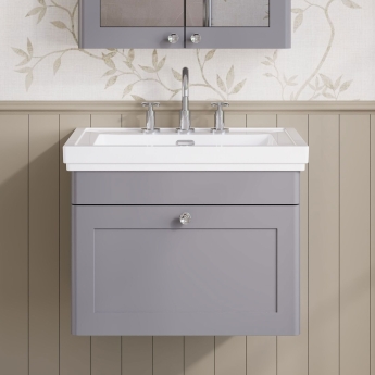 Nuie Classique Wall Hung 1-Drawer Vanity Unit with Basin 600mm Wide Satin Grey - 3 Tap Hole | Product Image
