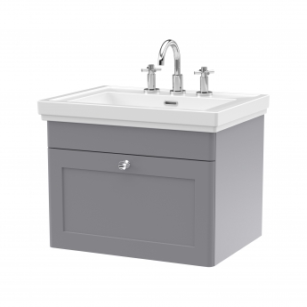 Nuie Classique Wall Hung 1-Drawer Vanity Unit with Basin 600mm Wide Satin Grey - 3 Tap Hole