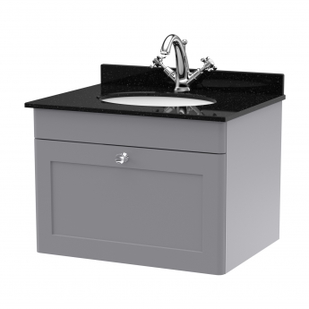 Nuie Classique Wall Hung 1-Drawer Vanity Unit with 1TH Black Marble Top Basin 600mm Wide - Satin Grey