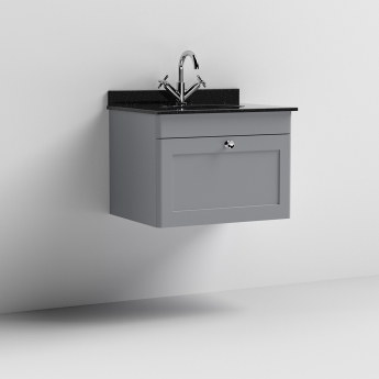 Nuie Classique Wall Hung 1-Drawer Vanity Unit with 1TH Black Marble Top Basin 600mm Wide - Satin Grey