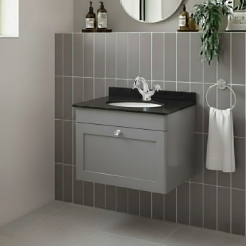 Nuie Classique Wall Hung 1-Drawer Vanity Unit with 1TH Black Marble Top Basin 600mm Wide - Satin Grey