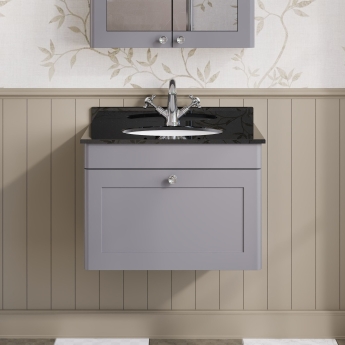 Nuie Classique Wall Hung 1-Drawer Vanity Unit with 1TH Black Marble Top Basin 600mm Wide - Satin Grey | Product Image