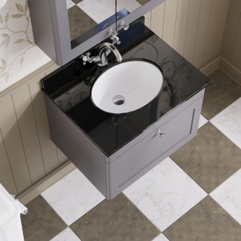 Nuie Classique Wall Hung 1-Drawer Vanity Unit with 1TH Black Marble Top Basin 600mm Wide - Satin Grey | Product Image
