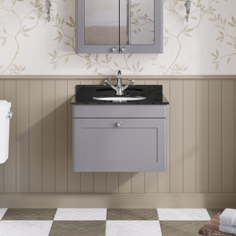 Nuie Classique Wall Hung 1-Drawer Vanity Unit with 1TH Black Marble Top Basin 600mm Wide - Satin Grey | Product Image