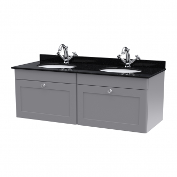Nuie Classique Wall Hung 2-Drawer Vanity Unit with 1TH Black Marble Top Basin 1200mm Wide - Satin Grey