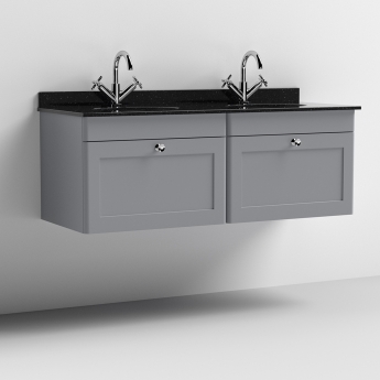 Nuie Classique Wall Hung 2-Drawer Vanity Unit with 1TH Black Marble Top Basin 1200mm Wide - Satin Grey