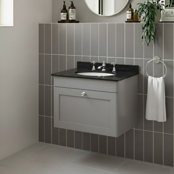 Nuie Classique Wall Hung 1-Drawer Vanity Unit with 3TH Black Marble Top Basin 600mm Wide - Satin Grey