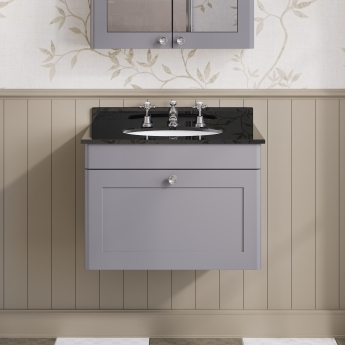 Nuie Classique Wall Hung 1-Drawer Vanity Unit with 3TH Black Marble Top Basin 600mm Wide - Satin Grey | Product Image