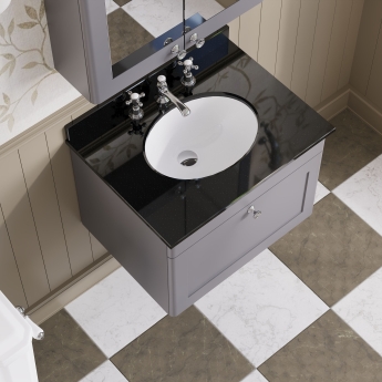Nuie Classique Wall Hung 1-Drawer Vanity Unit with 3TH Black Marble Top Basin 600mm Wide - Satin Grey | Product Image