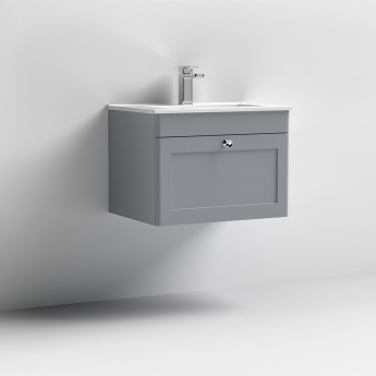 Nuie Classique Wall Hung 1-Drawer Vanity Unit with 1TH Minimalist Basin 600mm Wide - Satin Grey | Product Image