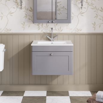 Nuie Classique Wall Hung 1-Drawer Vanity Unit with 1TH Minimalist Basin 600mm Wide - Satin Grey | Product Image