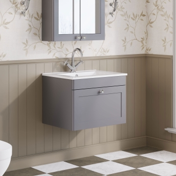 Nuie Classique Wall Hung 1-Drawer Vanity Unit with 1TH Minimalist Basin 600mm Wide - Satin Grey | Product Image