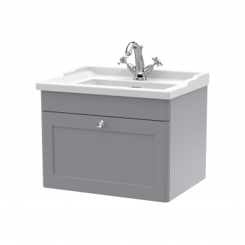 Nuie Classique Wall Hung 1-Drawer Vanity Unit with Traditional Basin 600mm Wide Satin Grey - 1 Tap Hole