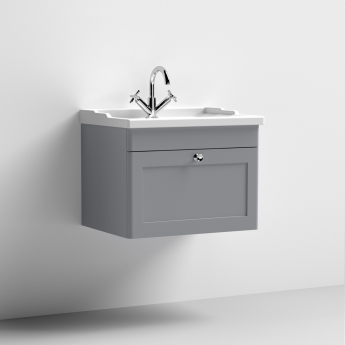 Nuie Classique Wall Hung 1-Drawer Vanity Unit with Traditional Basin 600mm Wide Satin Grey - 1 Tap Hole