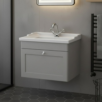 Nuie Classique Wall Hung 1-Drawer Vanity Unit with Traditional Basin 600mm Wide Satin Grey - 1 Tap Hole