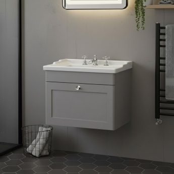 Nuie Classique Wall Hung 1-Drawer Vanity Unit with Traditional Basin 600mm Wide Satin Grey - 3 Tap Hole
