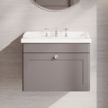 Nuie Classique Wall Hung 1-Drawer Vanity Unit with Traditional Basin 600mm Wide Satin Grey - 3 Tap Hole | Product Image
