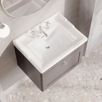 Nuie Classique Wall Hung 1-Drawer Vanity Unit with Traditional Basin 600mm Wide Satin Grey - 3 Tap Hole | Product Image