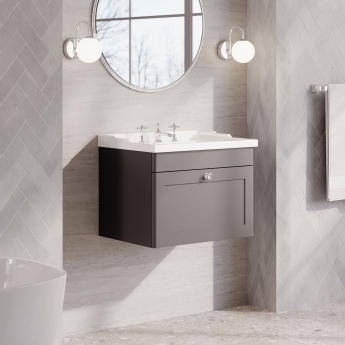Nuie Classique Wall Hung 1-Drawer Vanity Unit with Traditional Basin 600mm Wide Satin Grey - 3 Tap Hole | Product Image
