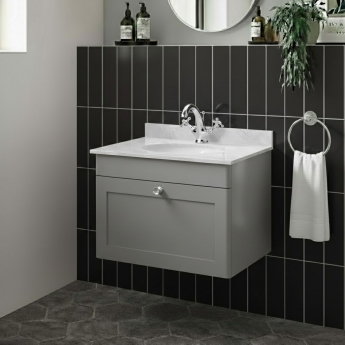 Nuie Classique Wall Hung 1-Drawer Vanity Unit with 1TH Grey Marble Top Basin 600mm Wide - Satin Grey